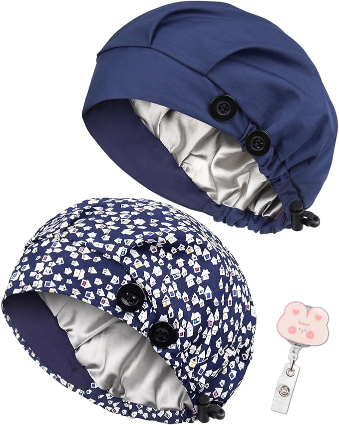 2 Pack Satin Lined Bouffant Scrub Caps with Buttons, Adjustable Scrub Caps for Women Men