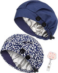 2 Pack Satin Lined Bouffant Scrub Caps with Buttons, Adjustable Scrub Caps for Women Men
