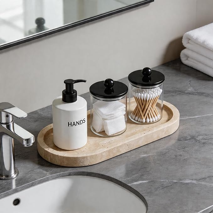 WORHE Natural Travertine Vanity Tray Waterproof Italy Marble Bathroom Organizer for Perfume, Candles & Jewelry Non-Slip Oval Storage Tray for Spa, Bedroom, Kitchen 9.8" x 4.5" Beige (WH028)