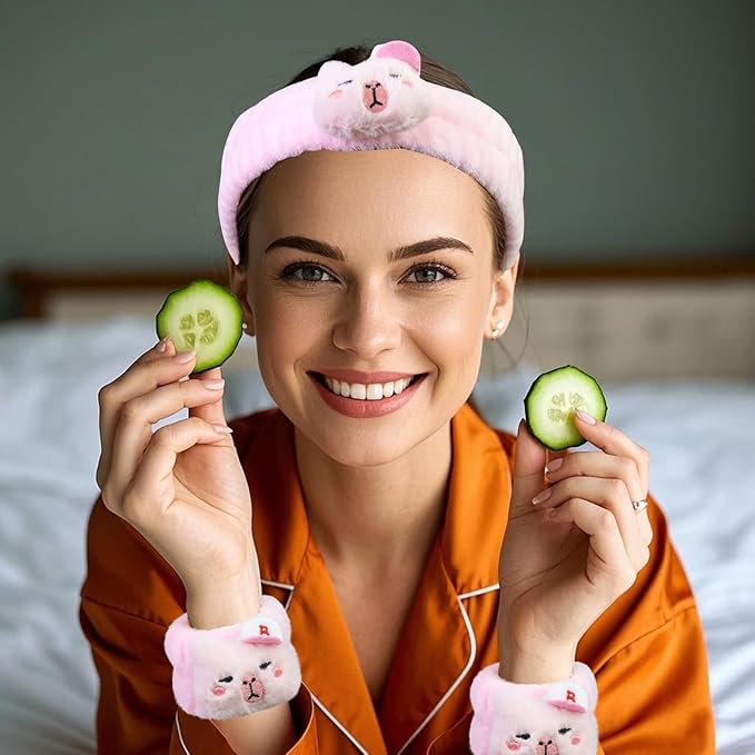 Kawaii Spa Headband and Wristband Set for Women Girls, Cute Halloween Skincare Headbands for Face Washing, Fluffy Makeup Headband for Washing Face Bath Shower and Beauty, Pink Capybara