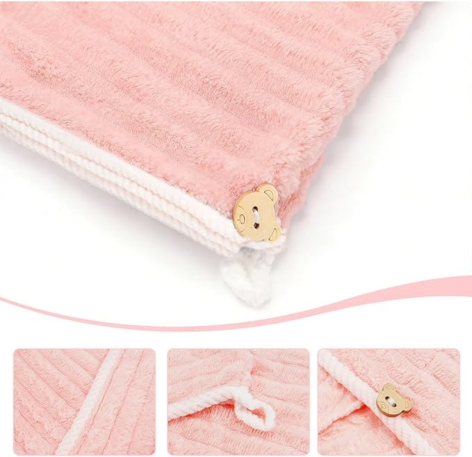 Microfiber Hair Towel Wrap for Women, Soft Lightweight Quick Dry Turban, Drying Hair Towels for Women, Hair Drying Towel with Button for Curly & Long Hair - Pink (Note: This model is ultra-slim.)