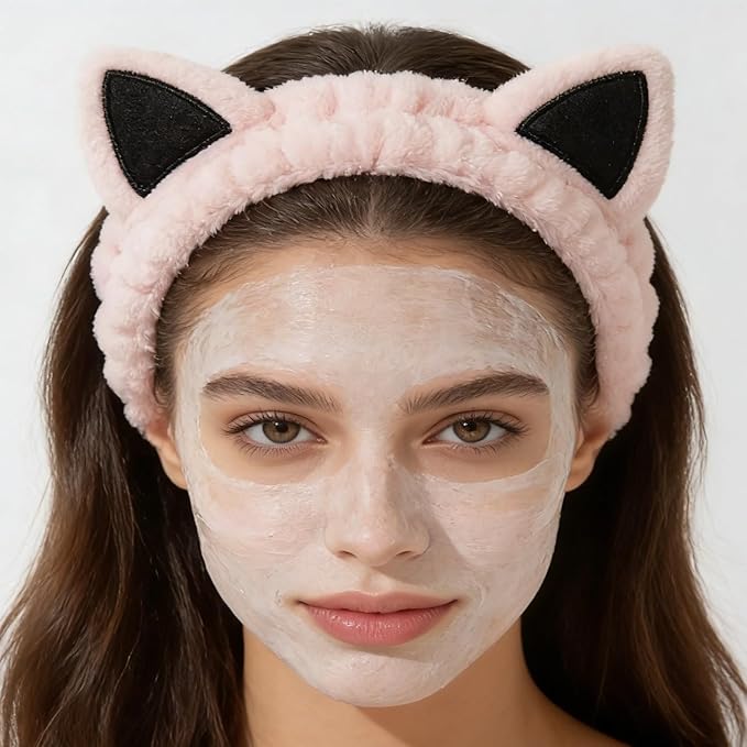 2 PCS Cute Cat Ear Spa Headband For Washing Face, Skincare Makeup Headbands For Women, Soft Coral Fleece Hair Accessories (Pink+Purple)
