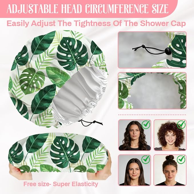 Tropical Leaves Reusable Shower Cap Green Monstera Double Layer Waterproof Shower Caps Large Elastic Hair Cover Adjustable Hair - Drying Caps for Woman Man Bath SPA Travel One Size Fits Most