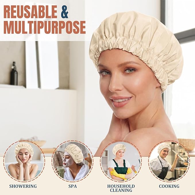 Reusable Shower Cap for Women, Large Waterproof Shower Bonnet with Elastic Band, Washable Bath Hair Cap for Long, Curly Hair, Braids, Daily Shower, Home Spa, Travel(Champagne)