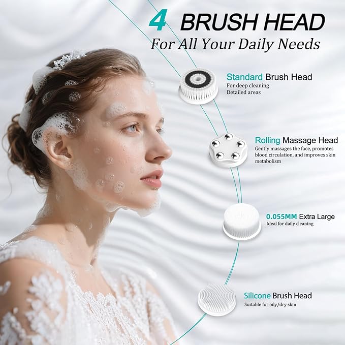 Electric Facial Cleansing Brush with 4 Brush Heads & 5 Speeds - IPX6 Waterproof, Type-C Fast Charging - for Deep Cleansing, Exfoliating, Pore Minimizing & Makeup Removal (White)