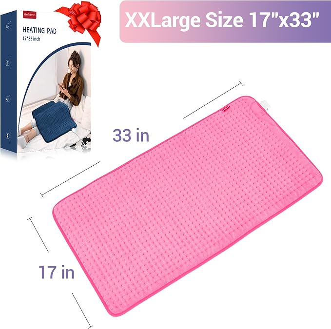 Comfytemp Extra Large Heating Pad for Back & Period, 33''x 17'' Electric Heating Pads for Neck/Shoulder, FSA Eligible Electric Throw, Mothers Day Gifts for Mom Women, Washable, Auto Shut Off, Pink