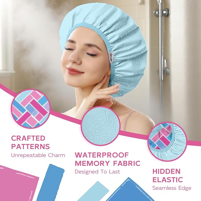 Years calm Waterproof Shower Cap for Women - Double-Layer Reusable Bath Cap with Elastic Band for Long/Short/Curly/Braids Hair, Washable & Travel-Friendly, Fit for Shower, Spa (Lattice Shower Cap)