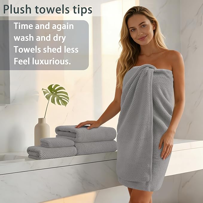 VOOVA & MOVAS Gray Towels for Bathroom - 100% Cotton | Quick Dry | Soft | Thick, 3 Piece Towel Set, 1 Large Bath 30" x 56", 1 Hand 18" x 28", 1 Wash Cloth 13" x 13", Bathroom Essentials, Grey