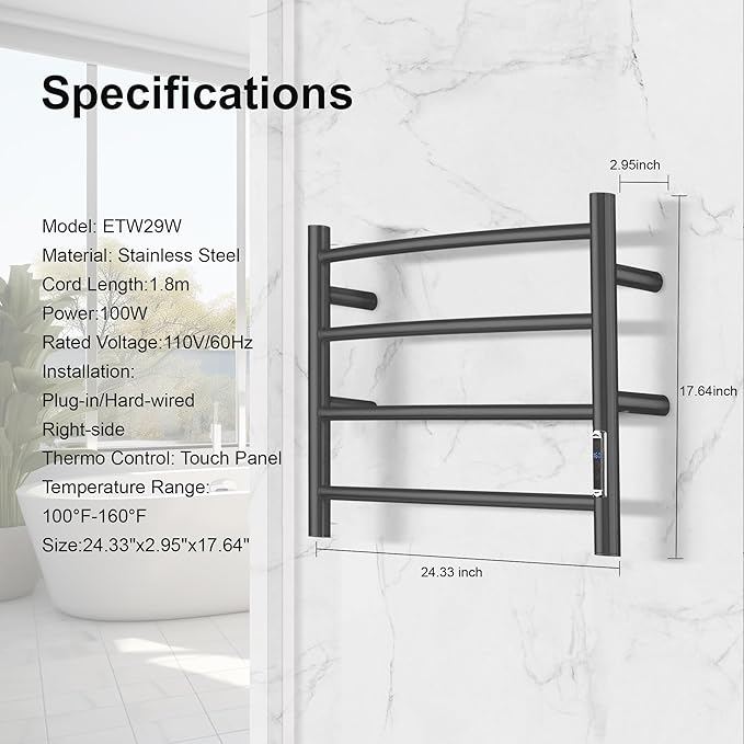 Electric Towel Warmer with Built-in Timer - Wall Mounted Bathroom Heated Towel Rack, Plug-in Design & Brushed Stainless Steel Finish Black