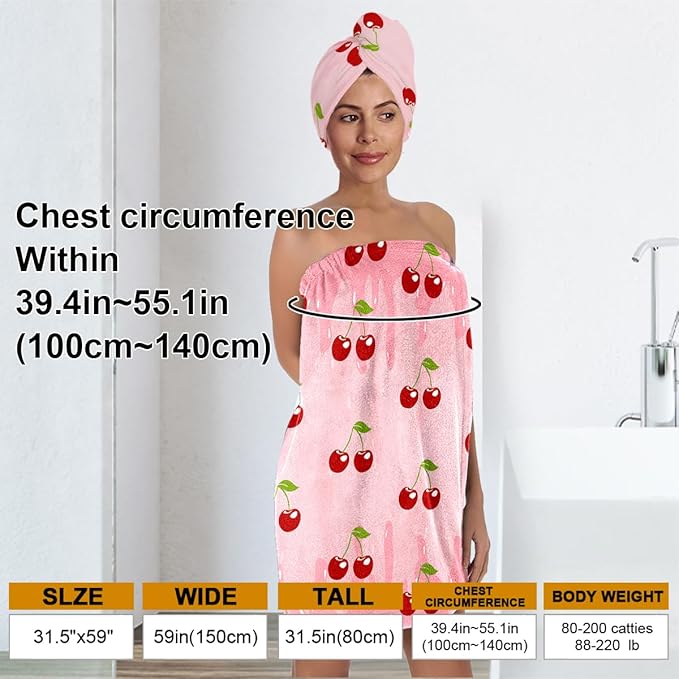 Women’s Cherry Print Bath Wrap and Hair Towel Set, Soft Absorbent Microfiber Shower Body Skirt with Elastic Closure, Quick-Dry Lightweight Spa Towel Outfit for Home, Gym & Travel (Cherry 9)