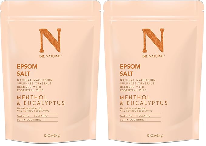 Dr. Natural Epsom Salt - Bath Salts for Stress Relief - Relaxing, Softening Epsom Salt Bath Soak - Magnesium Boost - Menthol and Eucalyptus - 15 oz (Pack of 2)