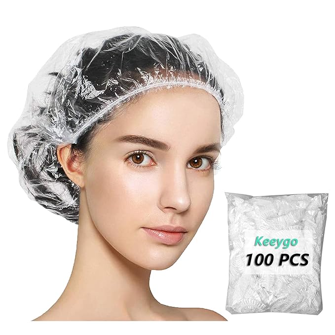 Keeygo Disposable Shower Caps 100 PCS Bath Caps Clear Waterproof Plastic Wraps for Women, Hotel Travel Essentials Accessories Hair Caps(20.5")
