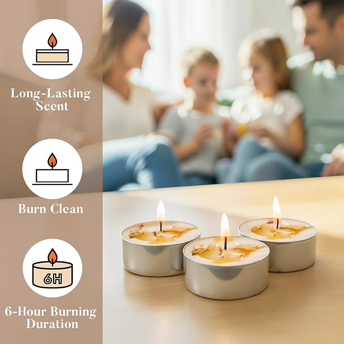 16 Pack Jasmine Tealight Candles with Real Dried Petals, Natural Soy Wax, 6-Hour Burn Time for Home, Wedding & Bath Decor