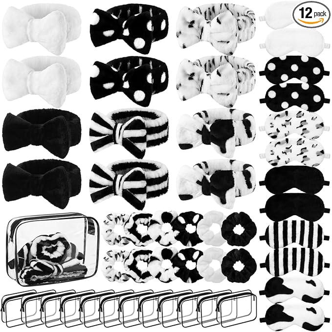 Kajaia 48 Pcs Spa Party Supplies for Girls Spa Party Favor Sleepover Slumber Supplies for Women Headband Eye Mask Hair Scrunchies Toiletry Bag(Black,Laser)