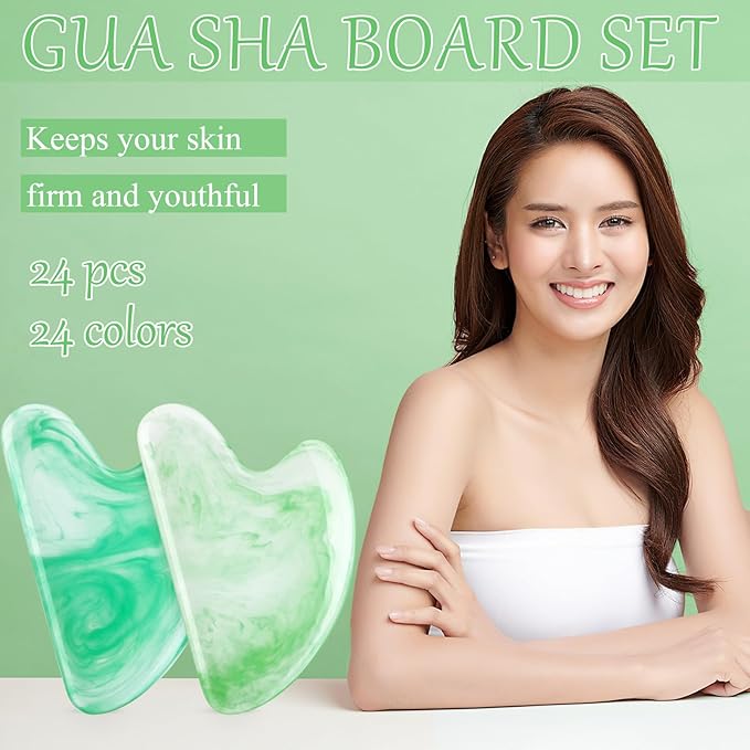 Sherr 24 Pcs Gua Sha Facial Tool Resin Gua Sha Massage Tool Heart Shaped Facial Stone Board for Face Body Skin Massage Spa Acupuncture Prevent Wrinkles (Bright Colors)