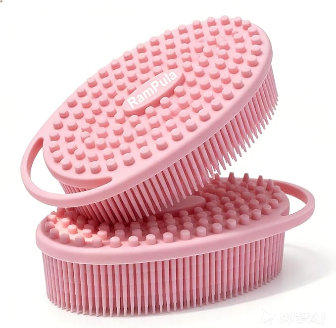 RamPula Silicone Body Scrubber, Silicone Loofah, Quick-Dry Exfoliating Body Brush for Wet or Dry Brushing, More Hygienic Than Traditional Loofah, Long-Bristle Brush, Navy Blue and Pink