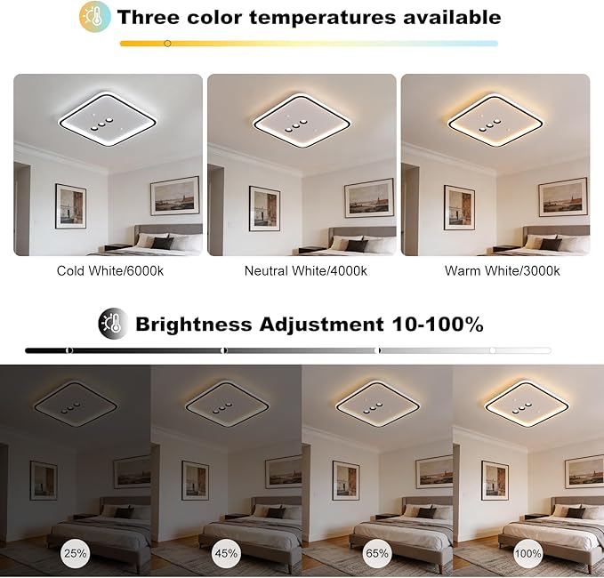 Shine LUEST Square Diamond LED Ceiling Light with 3 Adjustable Spotlights, Dimmable Flush Mount Lighting Fixture, Black & White for Bedroom Living Room Kitchen Hallway