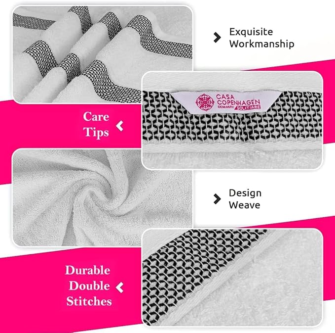 CASA COPENHAGEN Solitaire 6Pcs 100% Egyptian Cotton Large Designer Towels Gift Set- Pine Grey - White, 600GSM, 2Bath 2Hand 2Washcloths, Bath Towels for Bathroom Set for Women & Men