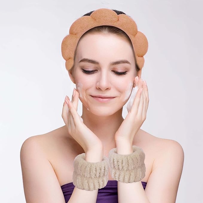 Beleki Spa Headband for Washing Face Wristband Set Sponge Headband Makeup Skincare Face Washing Headband Terry Cloth Bubble Puffy Hairband Non Slip Headwear Hair Accessory for Women - Orange