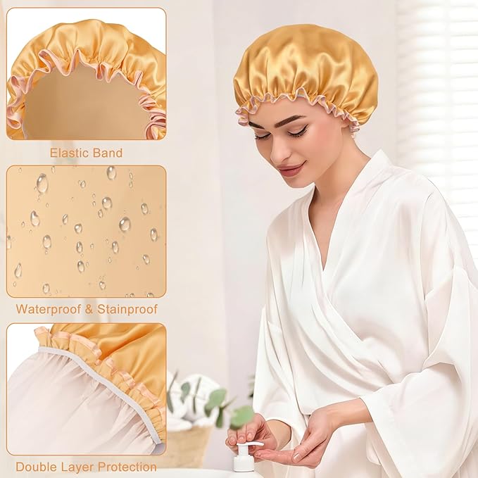 Waterproof Shower Caps for Women, Solid Color Dual-Layer Elastic Band Design Bath Hair Hat, Protects Hair In Shower, Spa, Cooking, Clean & Travel (Champagne)