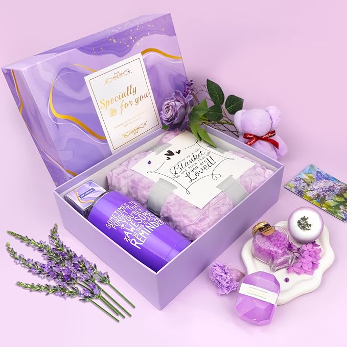 Spa Gifts for Women, Lavender 16 Pcs Valentines Day Gifts for Her Girlfriend Wife Daughter Sister, Self Care Gift Baskets for Women, Thank You, Get Well, Sympathy Inspirational Care Package Spa Basket