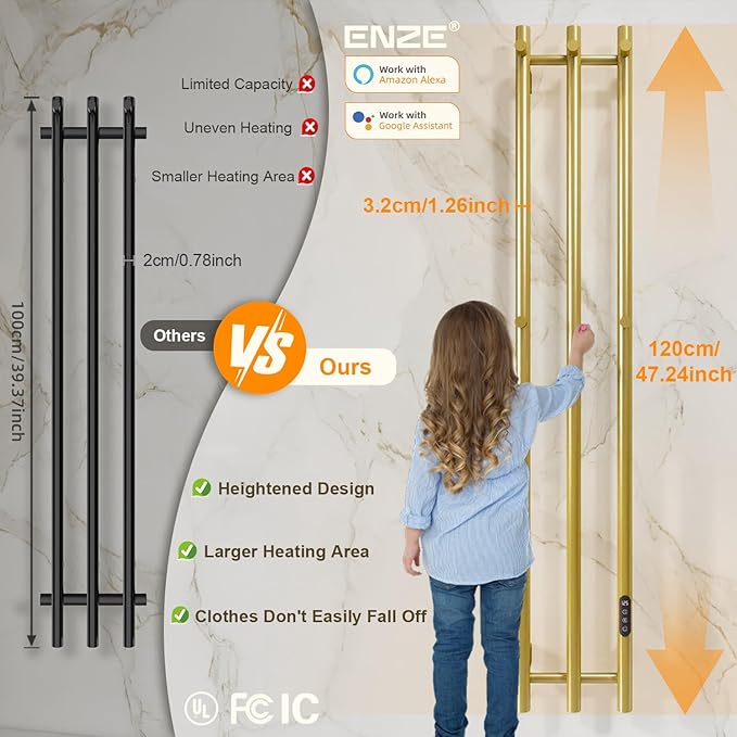 ENZE Smart Heated Towel Rack, Wall Mounted Electric Towel Warmer 220W for Bathroom, WiFi App Control, LED Touch Screen, Adjustable Temperature, 24H Timer, Vertical Model, IPX5, Plug-in/Hardwired, Gold