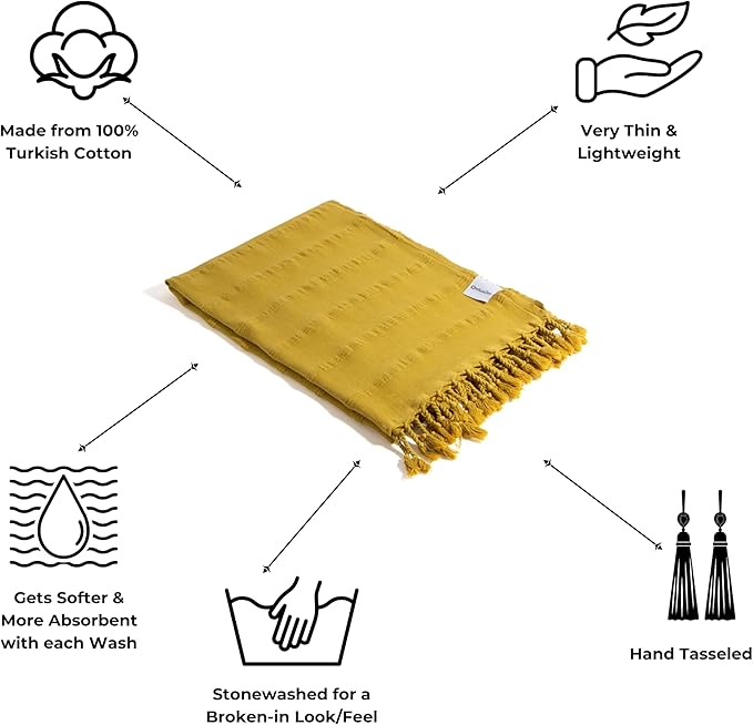 InfuseZen Stonewashed Turkish Bath & Beach Towel –100% Organic Turkish Cotton - Soft, Lightweight, Absorbent - Quick Dry, Sand Free - Swim, Pool, Shower, Travel - Peshtemal, Hammam Spa Towel - Golden