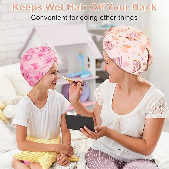 Basumee Microfiber Hair Towel Wrap for Kids 2 Pack Rapid Drying Hair Towel with Button Hair Turbans for Wet Hair Wraps Head Towel Wrap for Women and Girls