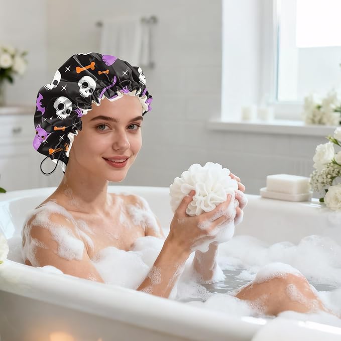 Shower Cap Reusable Double Layer Adjustable Elastic Waterproof EVA Hair Bath Caps for Women Girls Cute Aesthetic-Cat