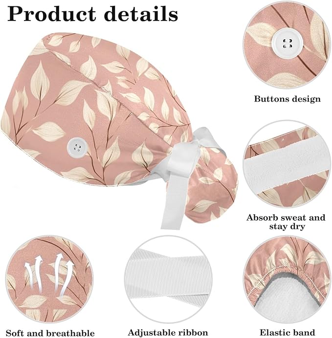 Scrub Caps Women Ponytail Cute Pink and White Leaves Caps Bouffant Working Hat Elastic Tie Back Hats with Button