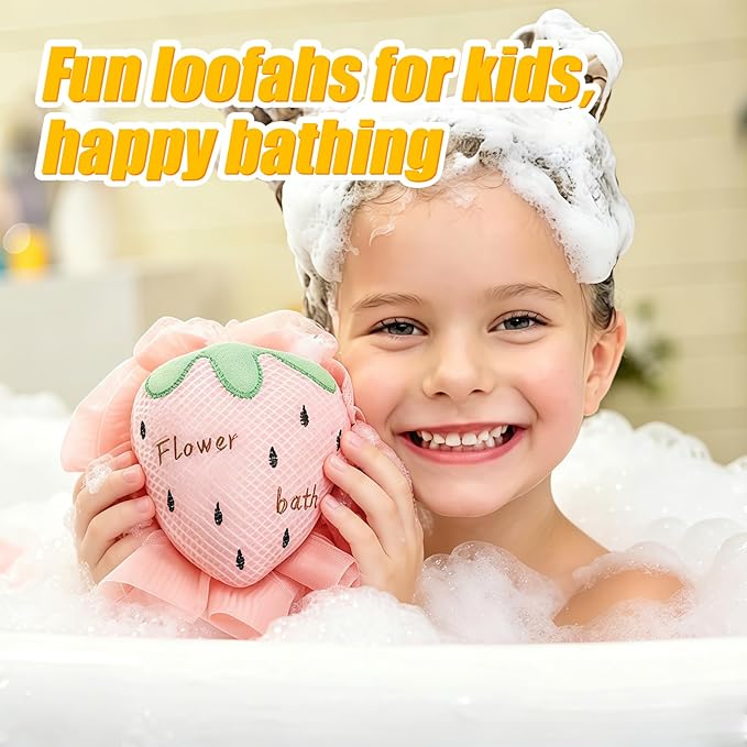 Kids Loofah, Cute Cartoon Animal Kids Bath Sponge with Hanging Rope, Soft Double Mesh for Rich Lather (Pink Strawberry)