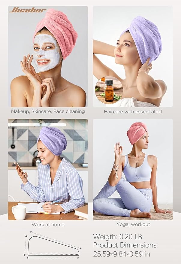 Hicober Microfiber Hair Towel, 2Packs Hair Turbans Wrap for Women Wet Hair, Hair Drying Towels for Curly Hair Anti Frizz(Purple,Pink)