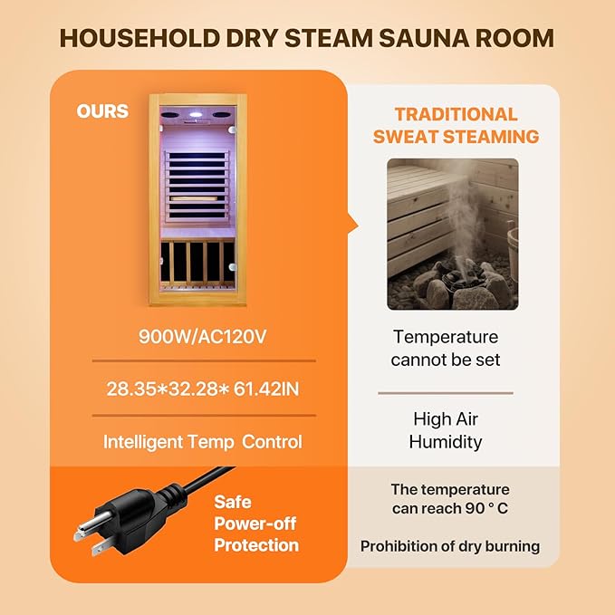 OUTEXER Infrared Sauna Room Indoor Saunas Home Obeche Wood 900W Low-EMF Dry Saunas Single Person Spa with 7 Color Light 32.3 * 28.3 * 61.4 inch