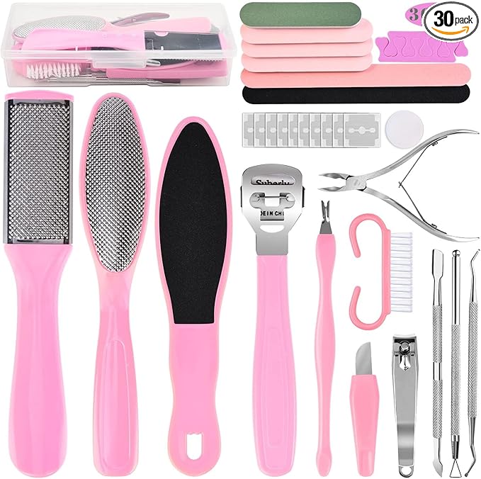 Professional Foot Care Kit, 30-Piece Pedicure Set with Foot File, Callus Shaver, Hard Skin Remover (Pink)