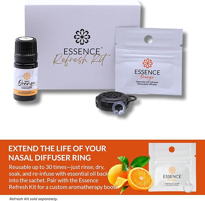 Essence Wearable Aromatherapy Nasal Diffuser – Orange Essential Oil Nose Ring Silicone Inhaler for Stress & Mood Support - Made in USA & Travel-Friendly (3 Pack)