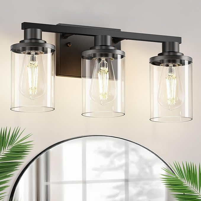 L LOHAS LED 3-Light Black Bathroom Light Fixtures,Modern Bathroom Lighting Fixtures Over Mirror with Clear Glass Shade, Vanity Lights for Living Room, ETL Listed