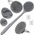 Manmihealth Silicone Back Scrubber & Soft Bath Glove, Silicone Scalp Massager Set 5 PCS, Super-Exfoliating Body Scrubber Shower Brush & Shampoo Brush Combination, with 2 Free Hooks (Style 1 Gray)