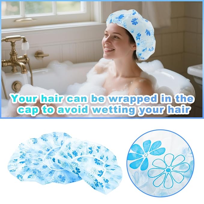 18 Pack Shower Caps for Women,Waterproof Reusable & Disposable Adjustable Bath Caps For Spa Long Hair Travel Saunas (Blue Flowers)