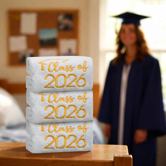MASHAN Class of 2026 Graduation Hand Towels 3 Pack,100% Cotton Soft Absorbent Bathroom Towels,Senior 2026 Graduation Gift for Girls Boys,Gold Decorative Towels 14x30 Inch