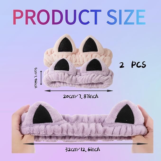 2 PCS Cute Cat Ear Spa Headband For Washing Face, Skincare Makeup Headbands For Women, Soft Coral Fleece Hair Accessories (Pink+Purple)