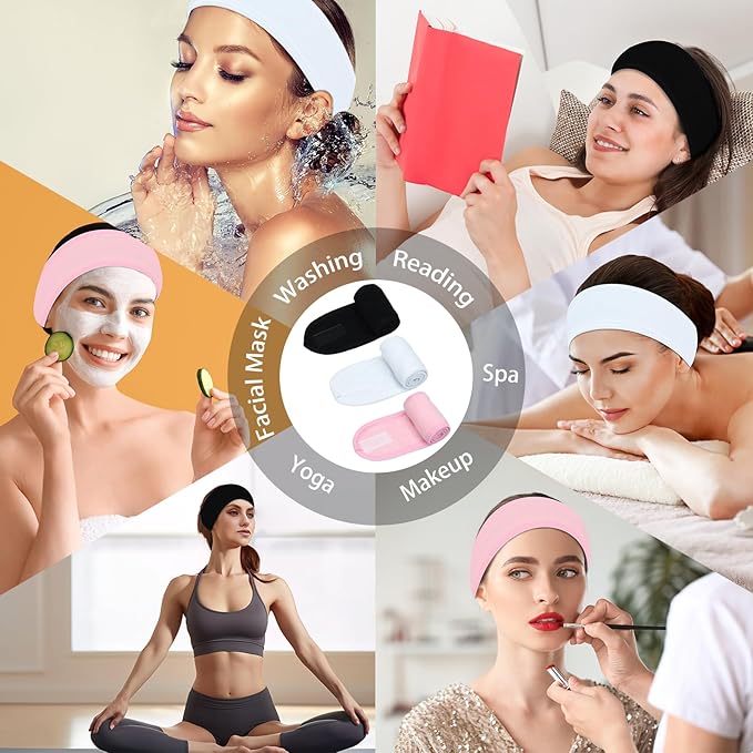 3 Pack Facial Spa Headband for Women - Adjustable, Non-Slip Terry Cloth Headband for Washing Face, Makeup, and Shower - Soft and Stretchable Hair Wrap