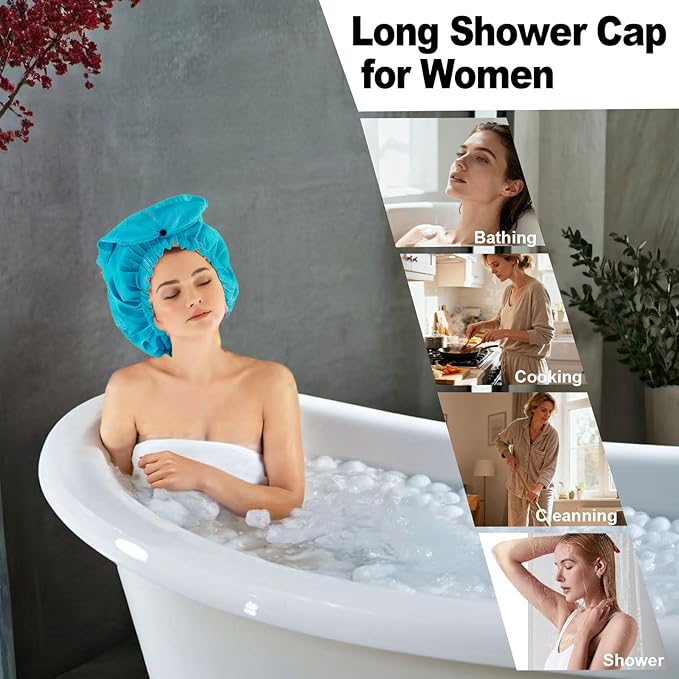 ELEBOX Extra Large Shower Cap for Braids/Curly Hair/Dreadlock | Reusable Waterproof Long Bonnets for Women Bath/Swim/Cooking/Cleaning/Spa | XL Bathing Cap with Adjustable Drawstring & Button, Blue