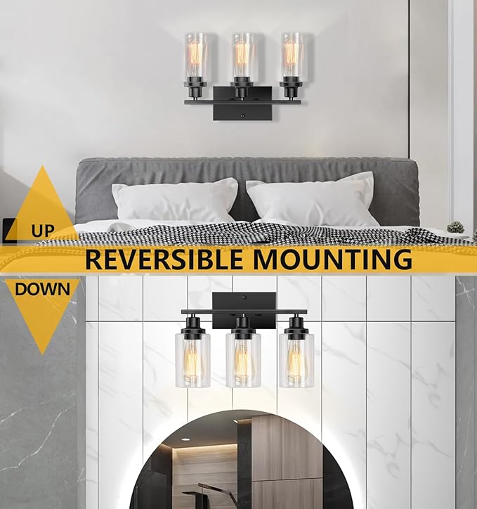 Bathroom Light Fixtures, 3-Light Vanity Lights, Black Bathroom Vanity Light with Clear Glass Shade, Modern Wall Lamp with Metal Frame, Wall lamps for Bedroom Washroom Living Room Hallway E26 Base