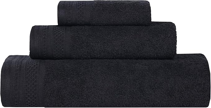 Superior Honeycomb Cotton Medium Weight Towels, for Guest Bath, Master Bathroom, Shower, Quick Dry, Adults, Home Essentials, Textured Waffle Border, Assorted Towel Set, 3 Piece Towel Set, Black