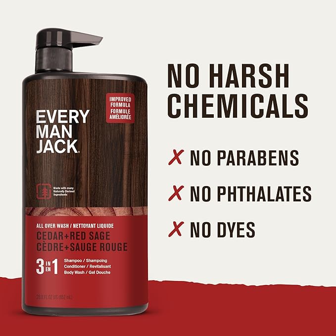 Every Man Jack Cedar + Red Sage Mens 3-in-1 All Over Wash for All Skin and Hair Types - Body Wash, Shampoo and Conditioner with Naturally Derived Ingredients - Paraben & Dye Free - 28.8oz - 2 Pack