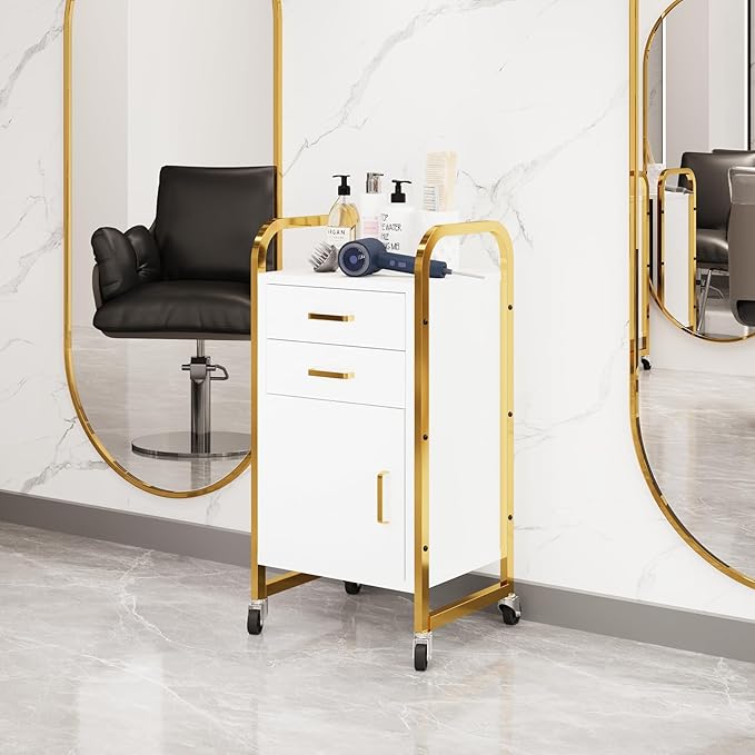 4ever2buy White and Gold Salon Trolley Cart with Wheels, Salon Cart with Drawers and Cabinet, Rolling Cart for Hair Stylist, Professional Salon Stations Organizer
