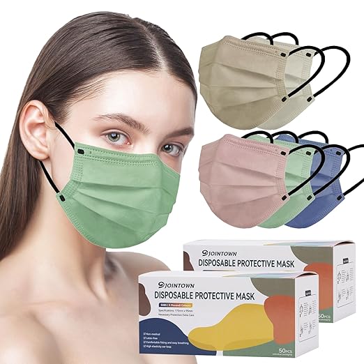 Jointown Disposable Face Mask - 3 Ply Protection Face Masks, 100 Pack Morandi
