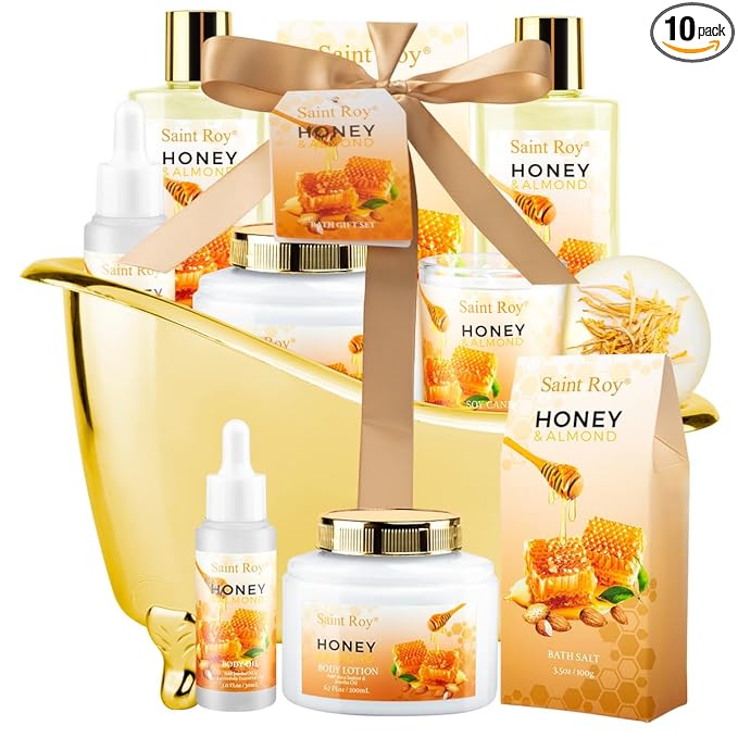 Mothers Day Birthday Spa Gifts for Women, 8pcs Honey Almond Bath Gift Set for Women, Spa Gift Basket for Women & Men, Home Spa Gift Set, Self-Care Spa, Birthday, Christmas, Mother Day, Anniversary