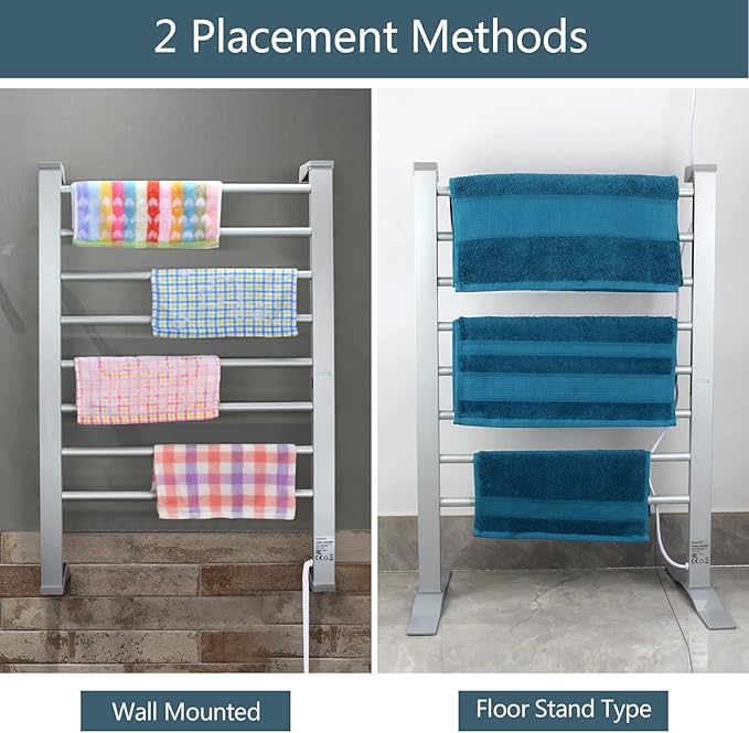 ELEGANTLIFE Electric Towel Warmer for Bathroom, Heated Towel Rack with Timer & Auto Shut-Off, Freestanding or Wall-Mounted Aluminum 8-Bar Design for Towels and Bath Sheets
