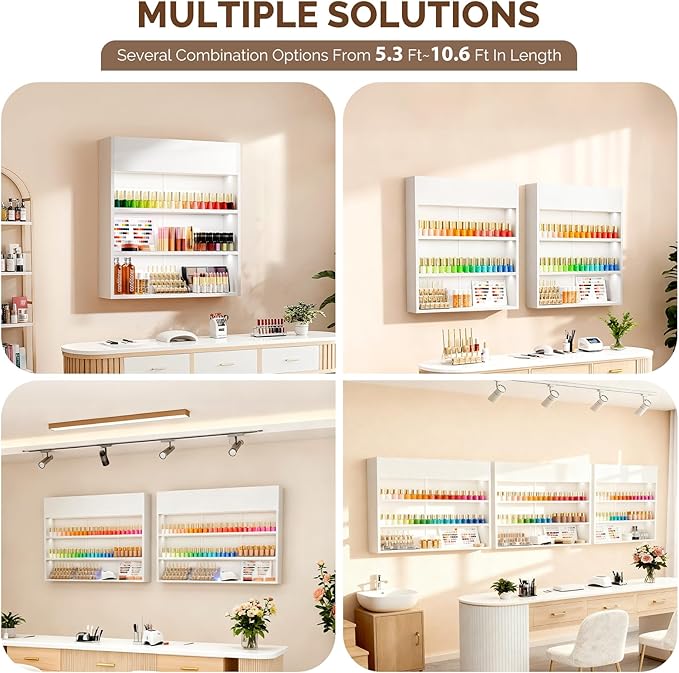 OmySalon Wall Mounted Display Rack, 32-Inch 3-Tier LED Nail Polish Organizer Shelf with USB Touch Control, for Nail Salon, Spa, Beauty Studio Storage, Wooden Retail Display (White)